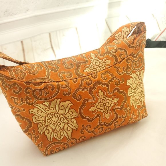 Womens Orange Brocade Inner Pockets Single Handle Lined Zipper Mini Handbag - Picture 2 of 13